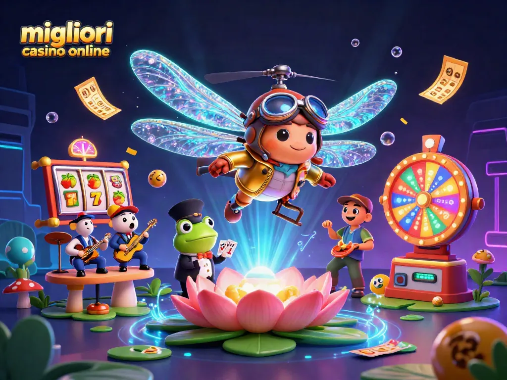 Scopri i migliori casino online tramite questa illustrazione di un pilota d'elicottero, un croupier e musicisti in un casinò fantastico.