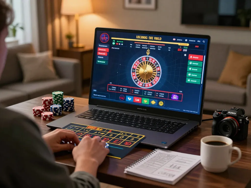 gg88 player engaging with live dealer roulette game on a laptop at cozy home setup