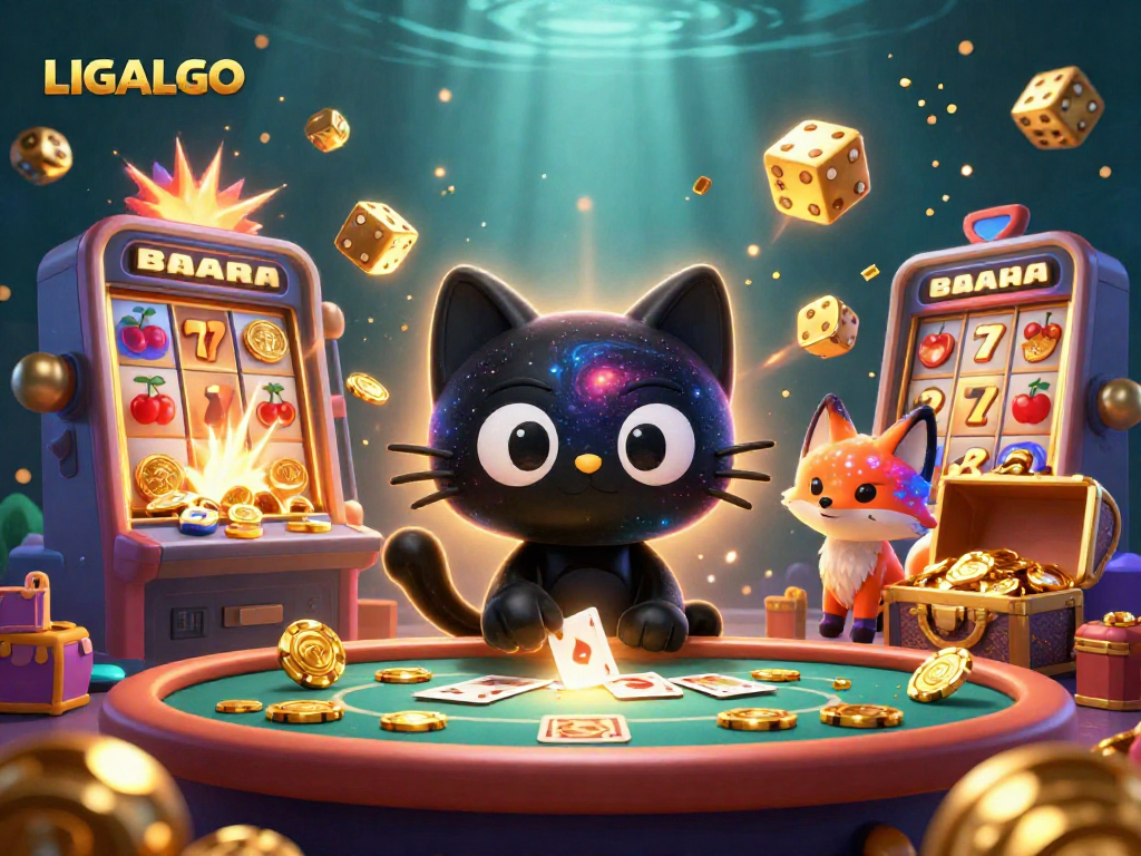 LIGALGO showcases a cosmic casino scene with a black hole cat and a colorful gas nebula fox, embodying premium slot gaming excitement.