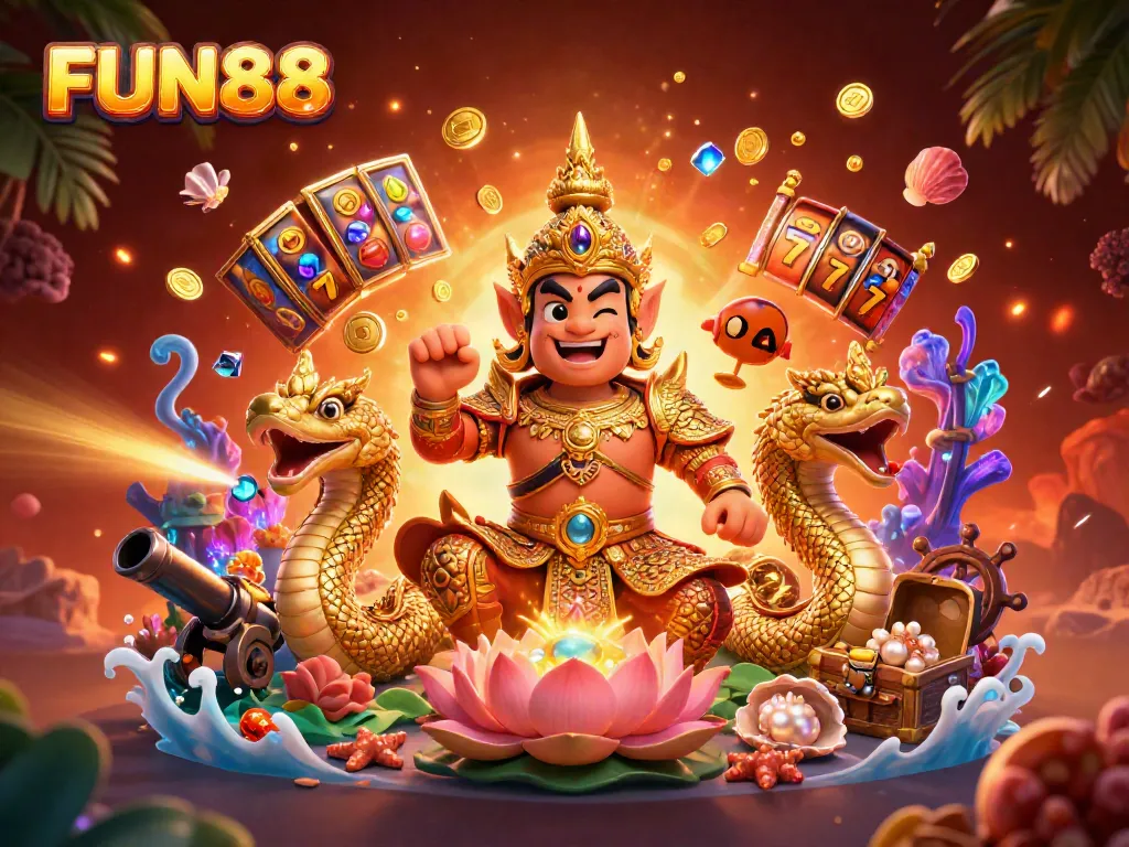 Engage with FUN888, showcasing a vibrant 3D casino scene filled with treasures, slot machines, and mystical characters.