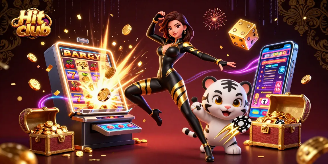 Hit club showcases a dynamic 3D illustration of casino elements with vibrant characters teaming up for excitement.