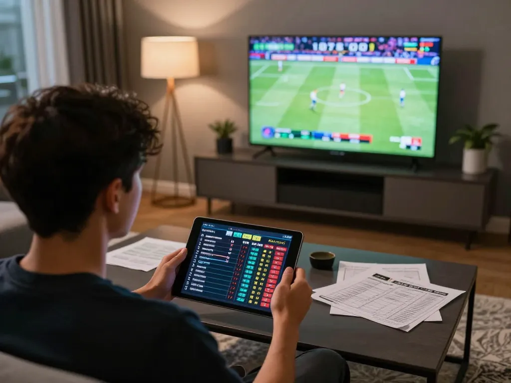 Person analyzing Keo nha cai 5 betting odds at home during a sports game, showcasing excitement.