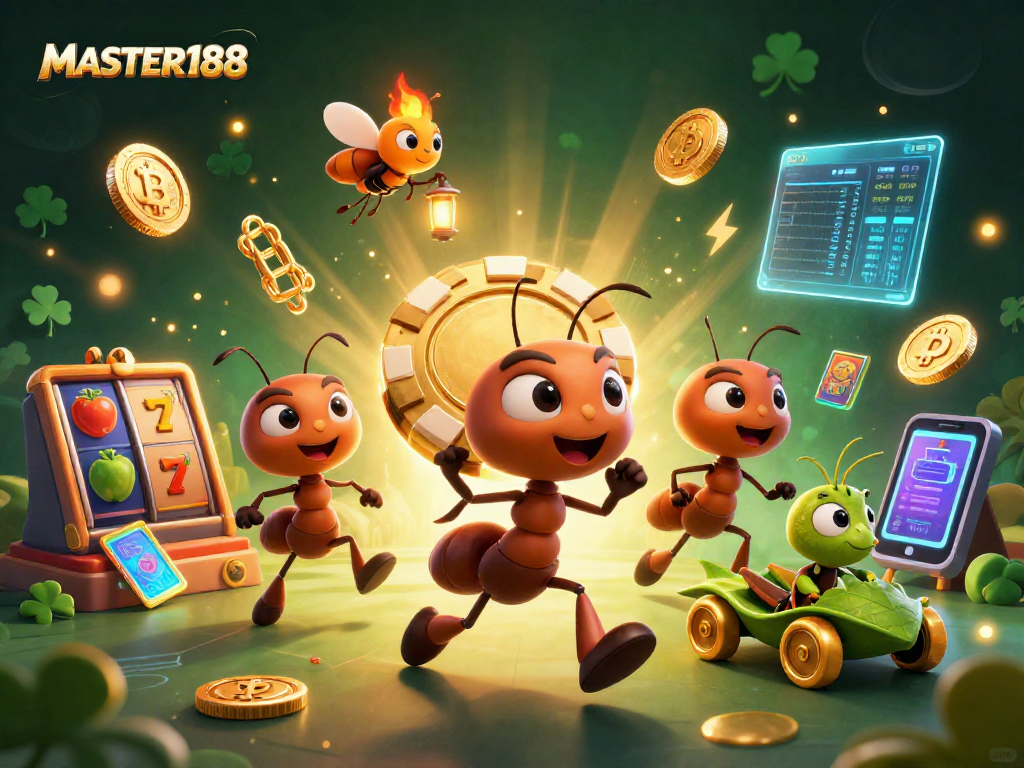 Engage with MASTER188 and witness a thrilling heist featuring a team of cartoon ants and dynamic casino elements.