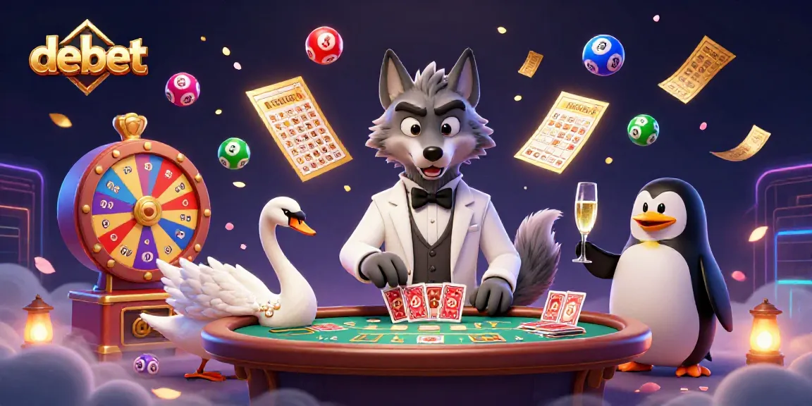 Join the debet casino scene with a debonair wolf, elegant swan, and sophisticated penguin amidst dynamic lottery action.