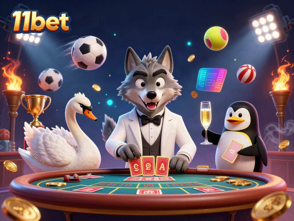 Experience the thrilling atmosphere of gambling with 11bet, featuring cartoon characters in an energetic casino scene.