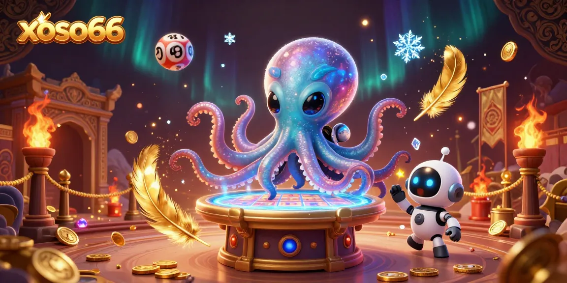 Xoso66 lottery action involving an alien octopus and a robot at a holographic table, showcasing vibrant excitement.