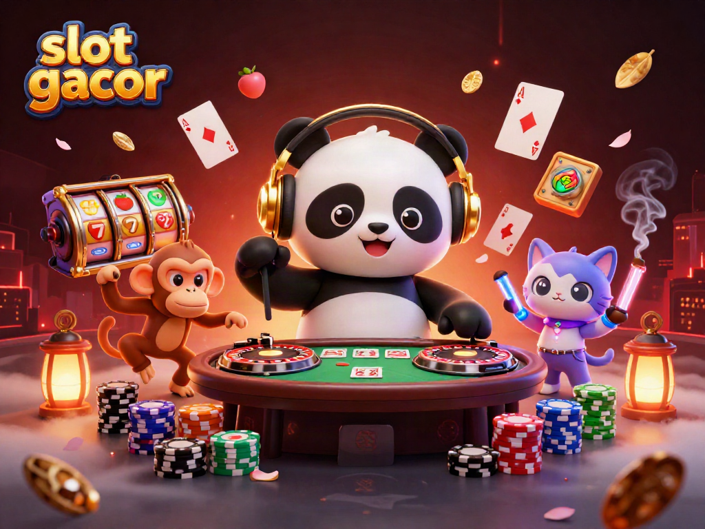 Experience the lively atmosphere of slot gacor gaming with a DJ panda and vibrant characters in a colorful arcade.