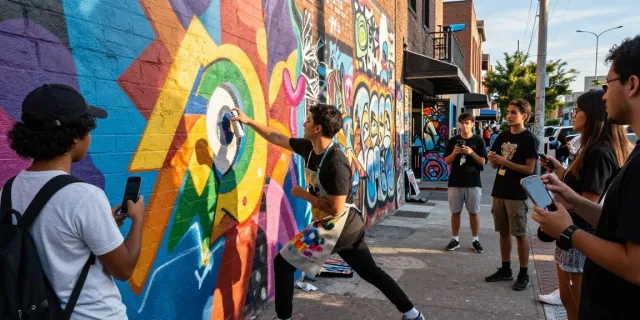 A street artist from the rokok88 community painting a vibrant mural, surrounded by onlookers, showcasing urban creativity.