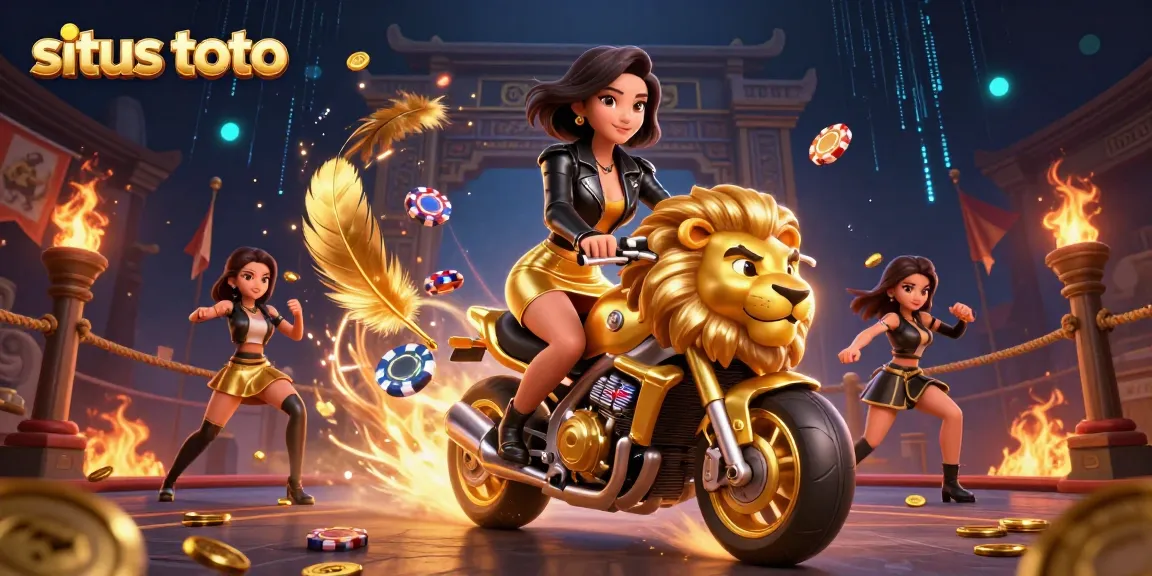 Situs toto scene with enchanting Asian woman on a golden lion mascot amidst vibrant casino elements.