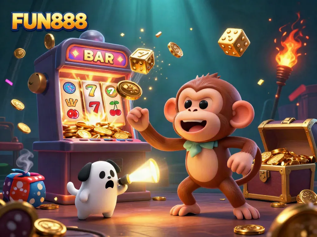 Experience the thrill with FUN888 in this dynamic haunted casino illustration featuring a monkey, juggled gold, and a curious puppy.
