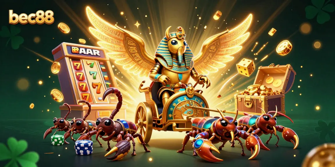 Experience vibrant casino action with bec88 featuring a golden scarab and dazzling slots.