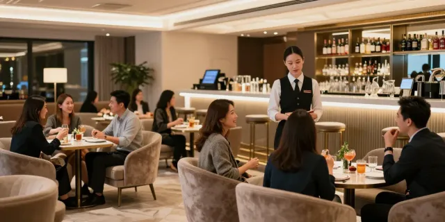 강남 타이밍의 고급스러운 유흥 공간 내부, 편안한 소파와 세련된 조명 속에서 고객들이 대화하는 모습