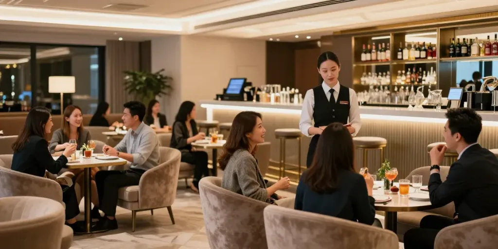 강남 타이밍의 고급스러운 유흥 공간 내부, 편안한 소파와 세련된 조명 속에서 고객들이 대화하는 모습
