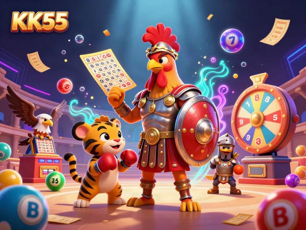 Engage with KK55, featuring lively 3D characters in a vibrant casino scene.