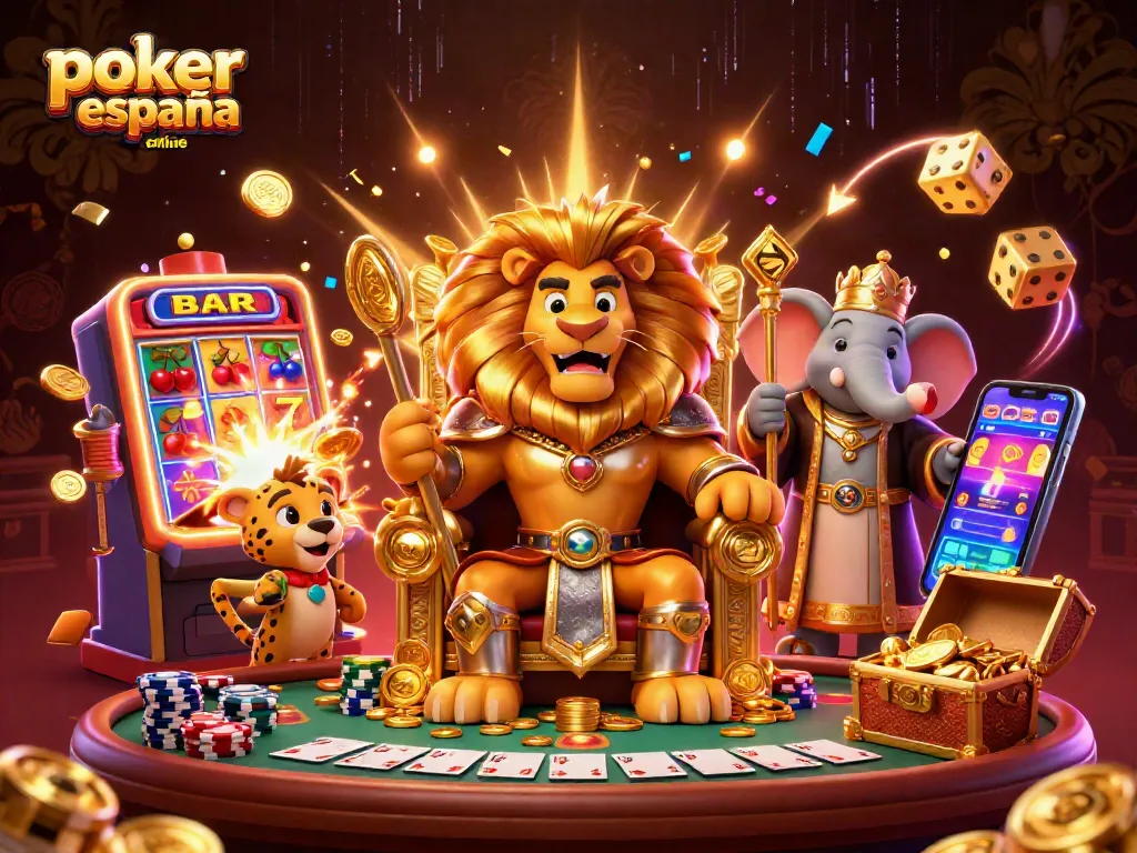 Disfruta del póker online en España con una escena vibrante de un rey león, un elefante sabio y un guepardo mensajero.