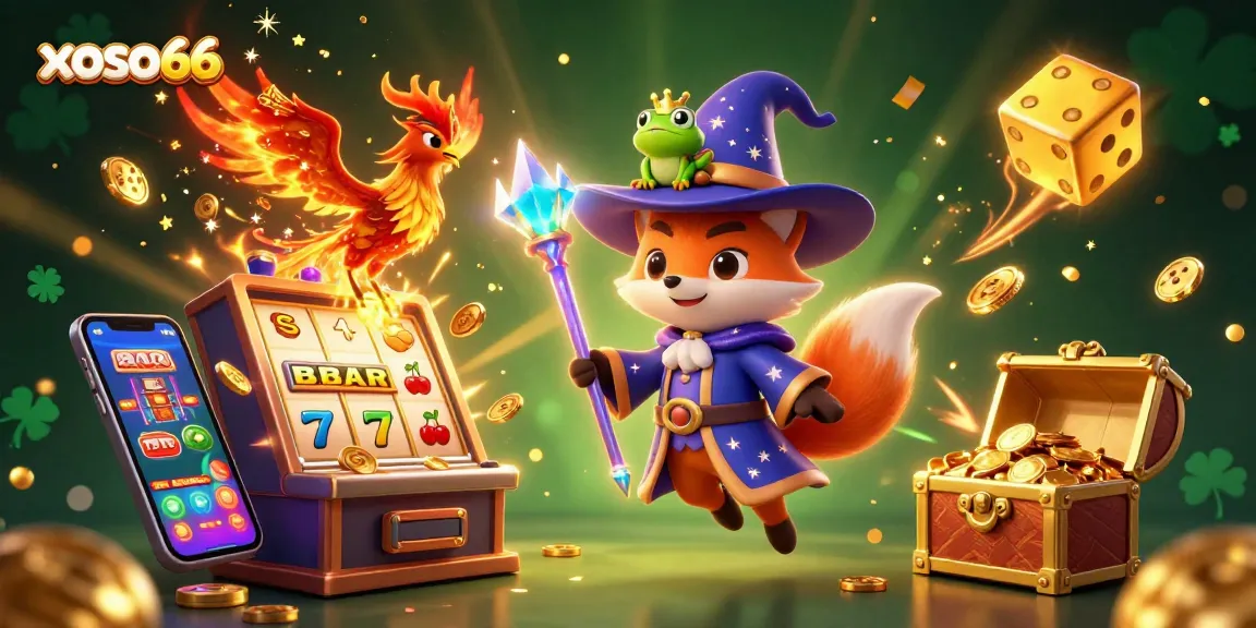 xoso66 captures the thrill of online gaming with a mystical wizard fox and jackpot slots.