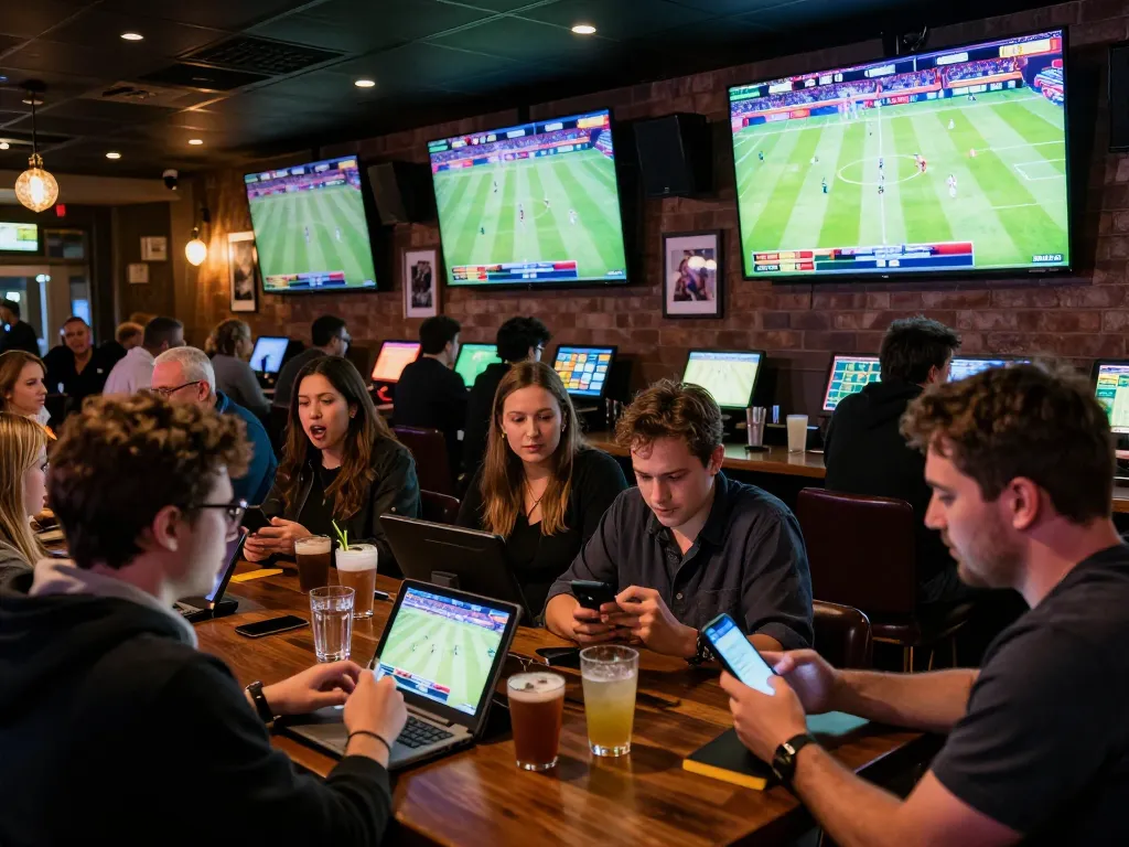 Engaged sports bettors utilizing apps for kèo nhà cái hôm nay predictions in a lively tavern setting