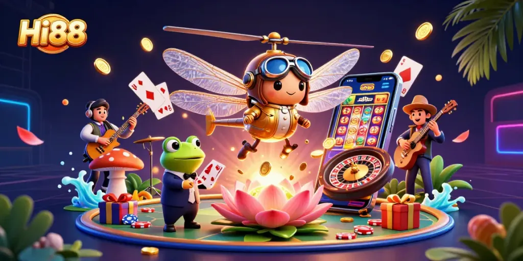 Win big at Hi88 with colorful slot games and dynamic casino experiences amidst vibrant 3D illustrations.
