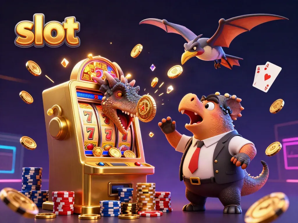 3D illustration of a pachycephalosaurus activating a golden slot machine jackpot, dynamic casino scene.