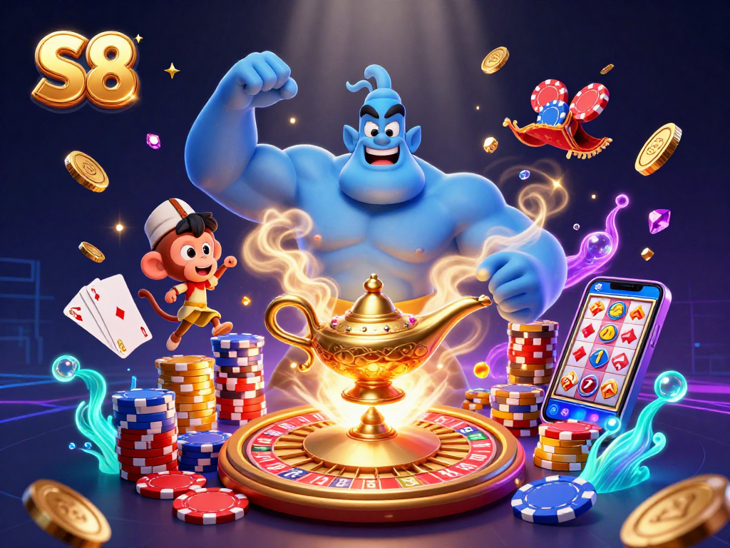 Engage with S8's immersive 3D casino scene, featuring a genie and vibrant gambling elements.