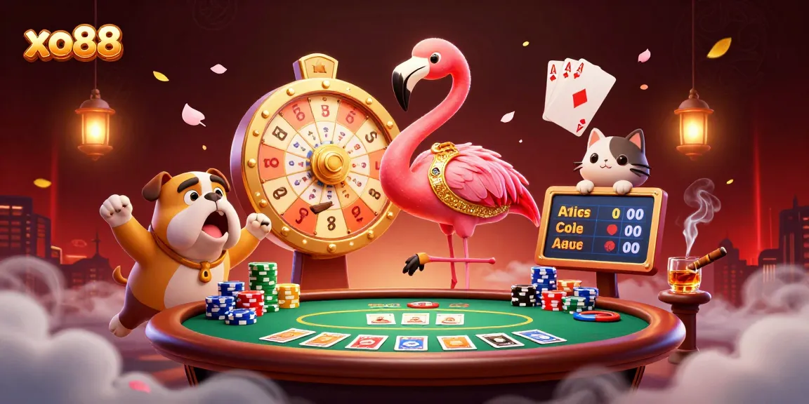 Engage with xo88's vibrant casino atmosphere showcasing a game show host and excitement.