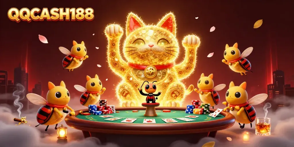 Experience QQCASH188's vibrant casino scene featuring a lucky cat and dynamic poker elements.