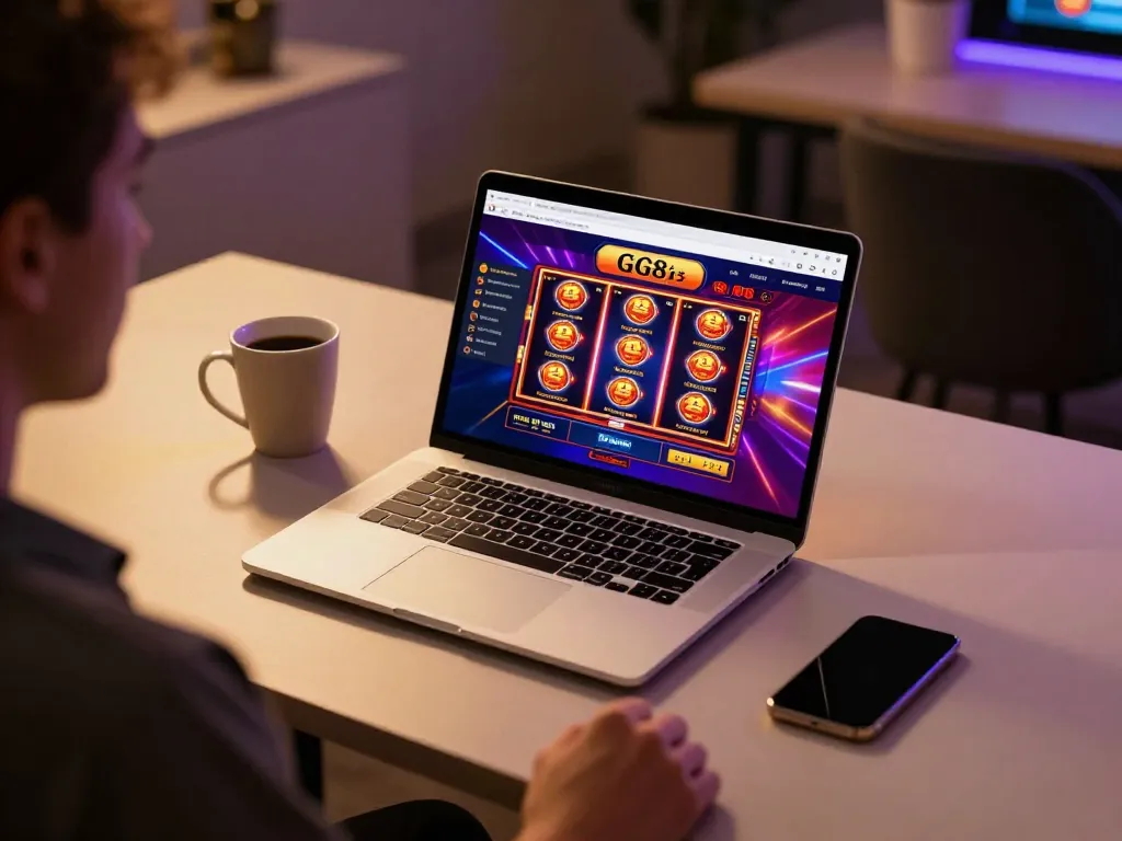 Player engaging with GG88 online casino on a laptop, showcasing vibrant gaming interface.