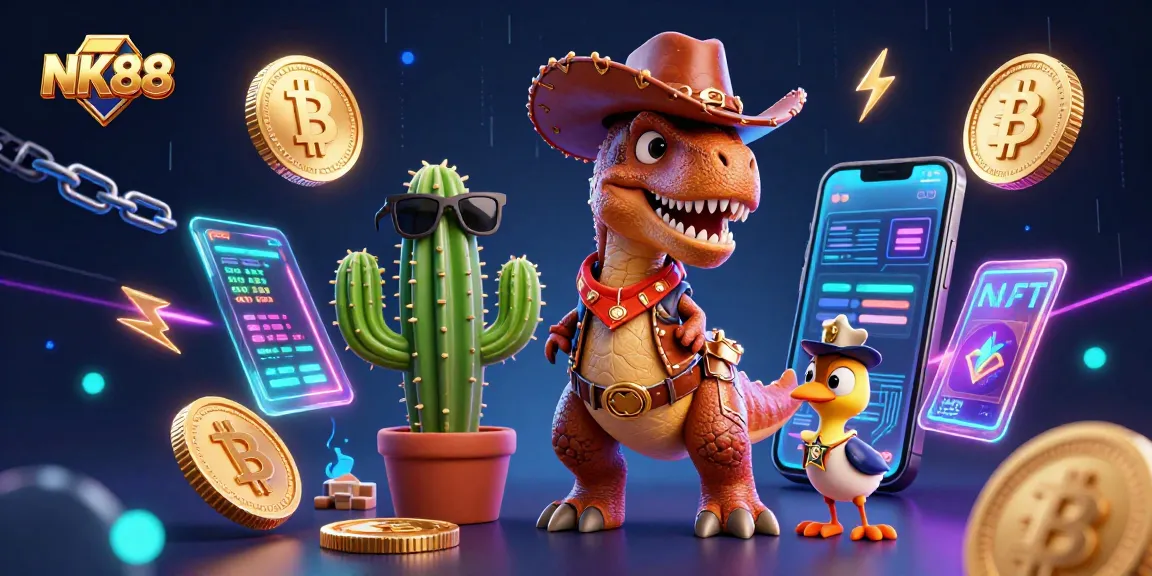 NK88 ensures thrilling gameplay with a T-Rex dinosaur and friends in a vibrant casino scene.