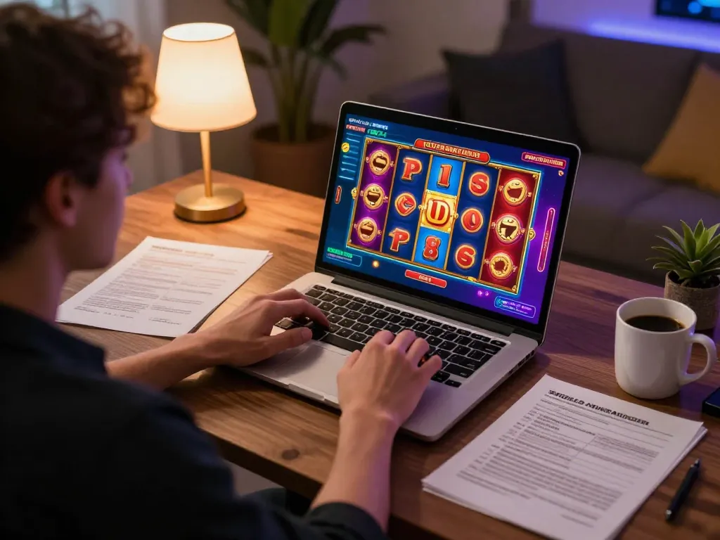 Engage with shopshela's dynamic online casino gaming scene featuring vibrant slot interface and cozy home setup.