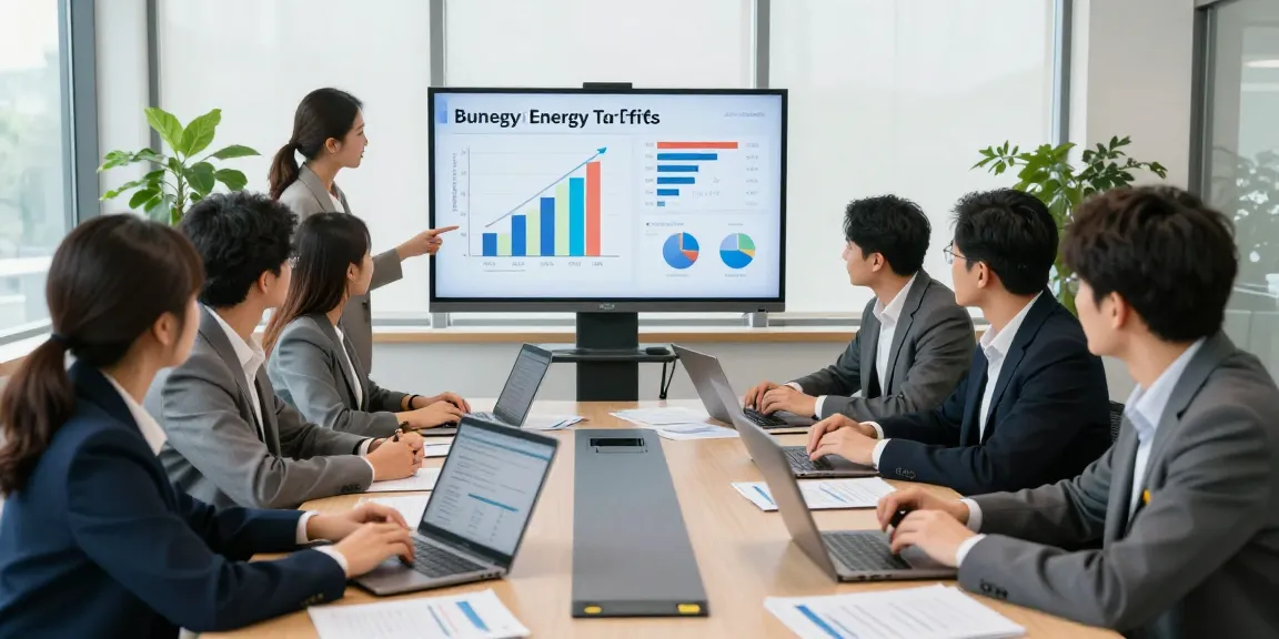 Team analyzing business energy options, featuring british gas business electricity, modern conference room setting.