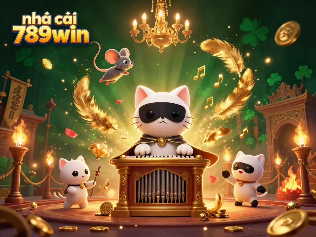 Experience the vibrant world of nhà cái 789win with a 3D cat phantom captivating at a casino organ amidst golden coins.