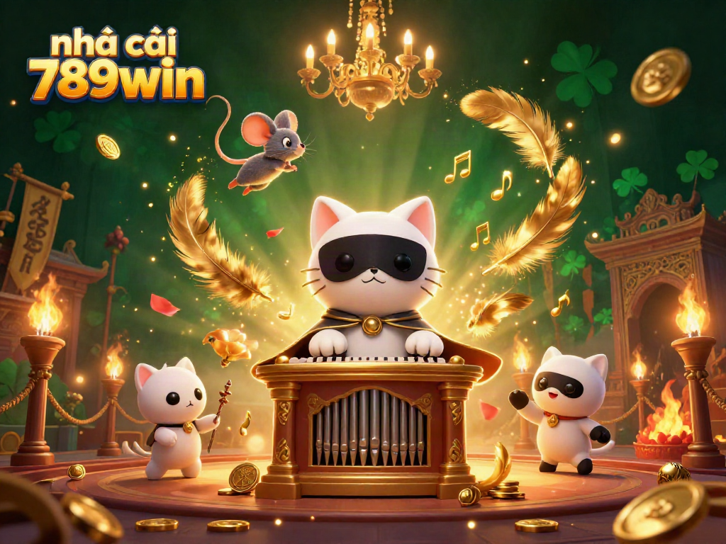 Experience the vibrant world of nhà cái 789win with a 3D cat phantom captivating at a casino organ amidst golden coins.