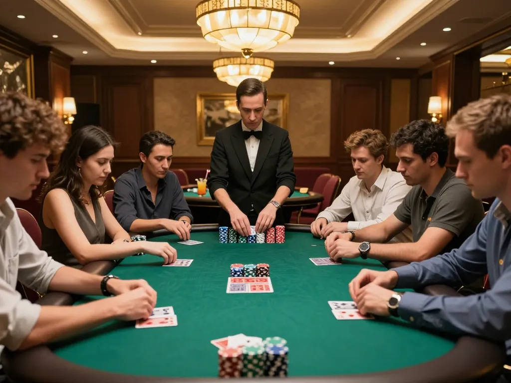 Engaged players at a sunwin poker table focus intently on their strategies as the dealer shuffles cards.