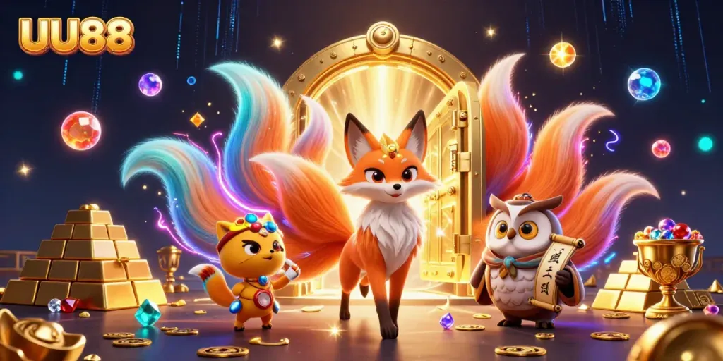 Experience the vibrant energy of UU88 with a mystical fox spirit, treasure elements, and colorful orbs.
