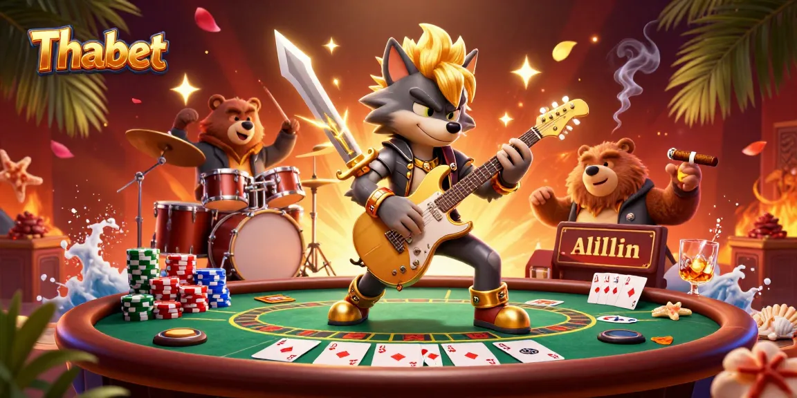 Experience the excitement at Thabet as a rock star wolf plays guitar on a vibrant casino stage.