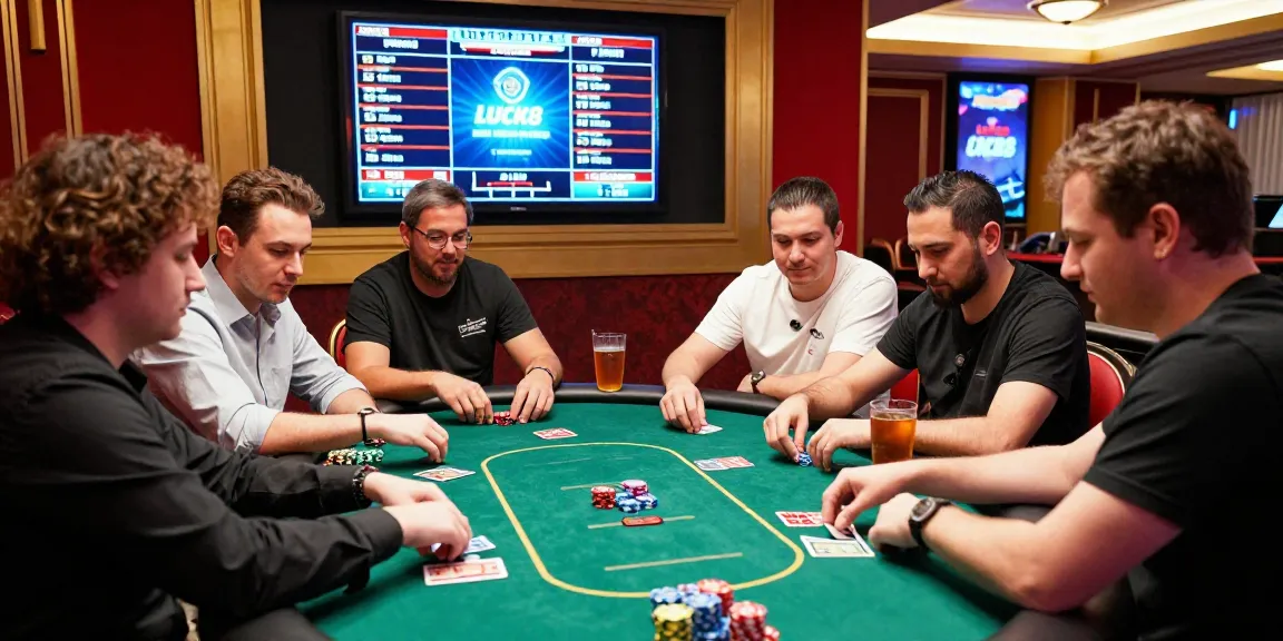 LUCK8 Casino vibrant poker scene with players engaging happily around the table.