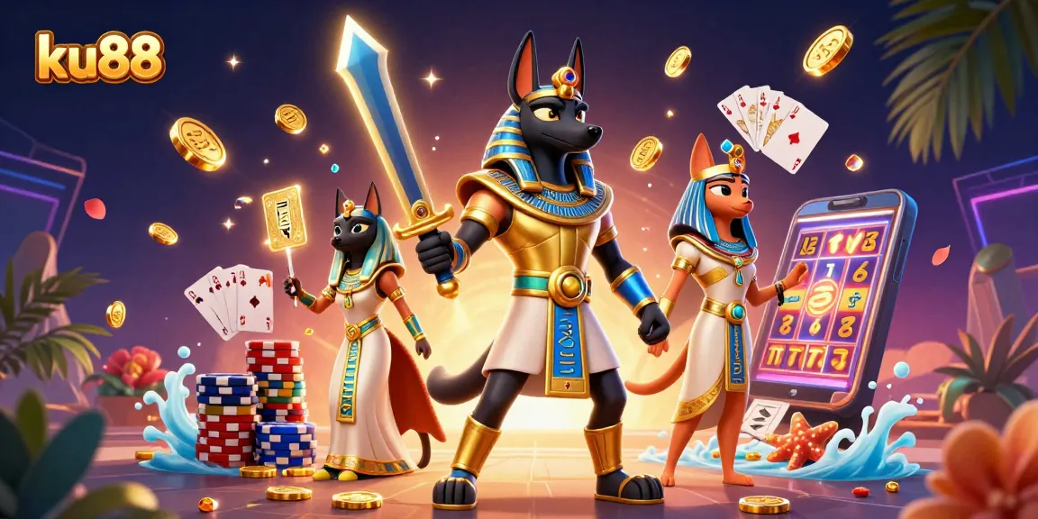 Experience the thrill of ku88 with Anubis and Bastet surrounded by sparkling casino elements.