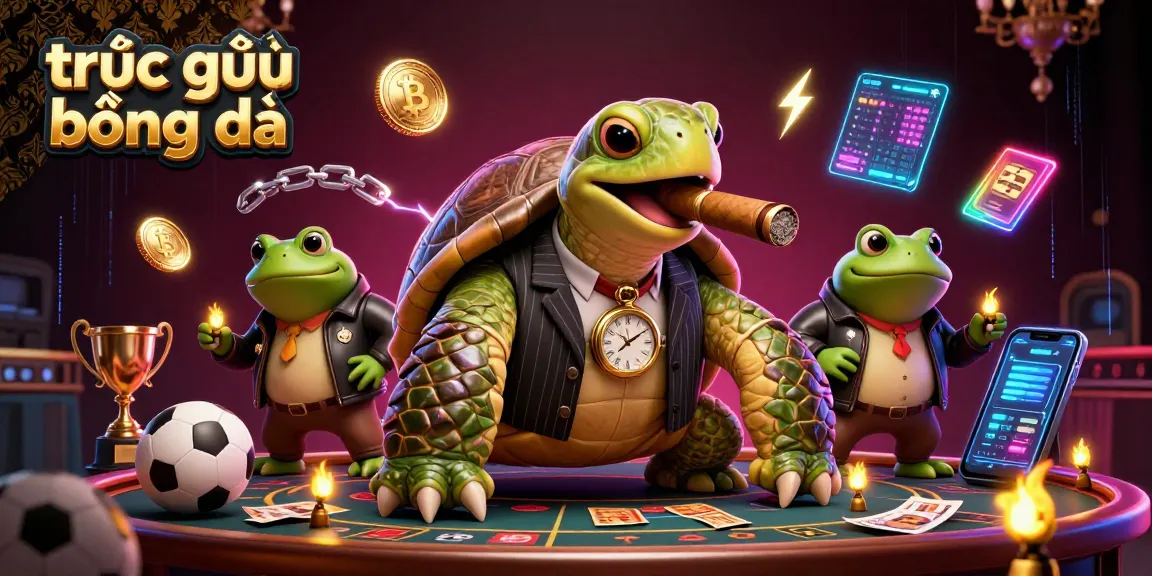 Experience trực tiếp bóng đá alongside a snapping turtle and bullfrog enforcers in a vibrant animated casino scene.