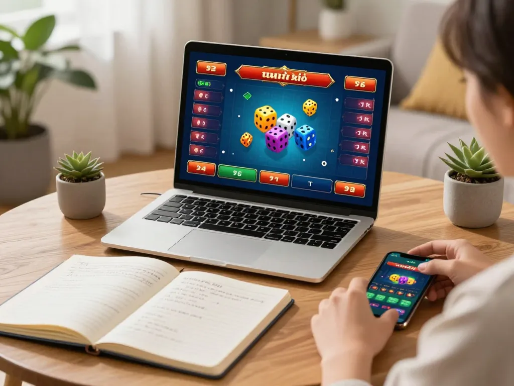 Tài xỉu online gaming session showing a user engaging with laptop and notebook in a cozy home.