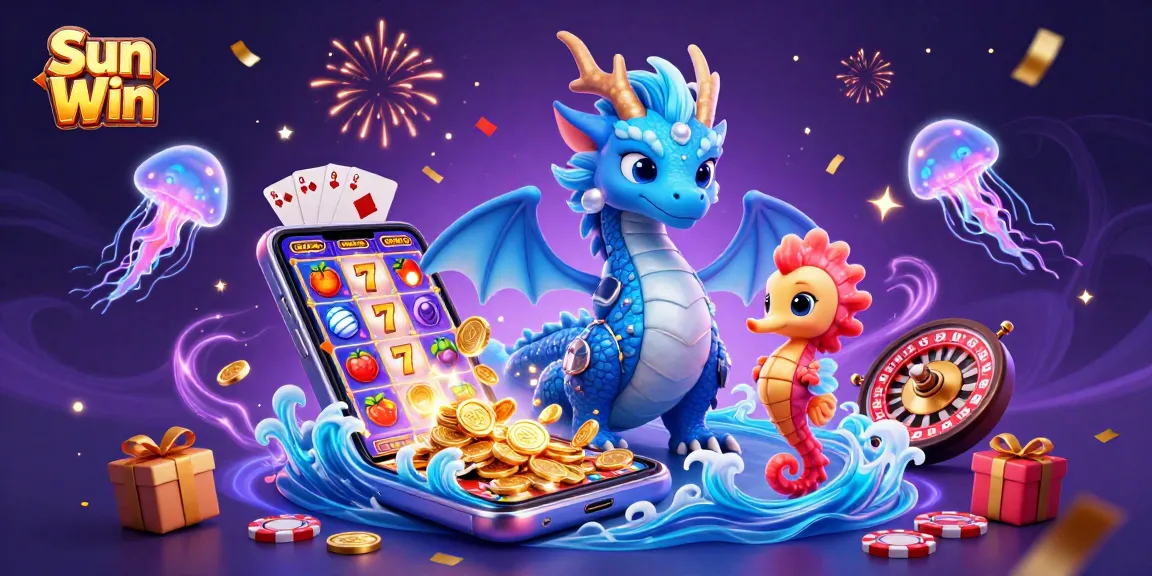 Experience Sun Win with vibrant casino elements featuring a dragon, knight, and jellyfish.
