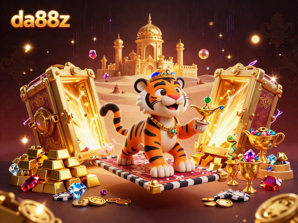 Experience vibrant casino magic with da88z, featuring a tiger sultan and treasures in a dynamic scene.