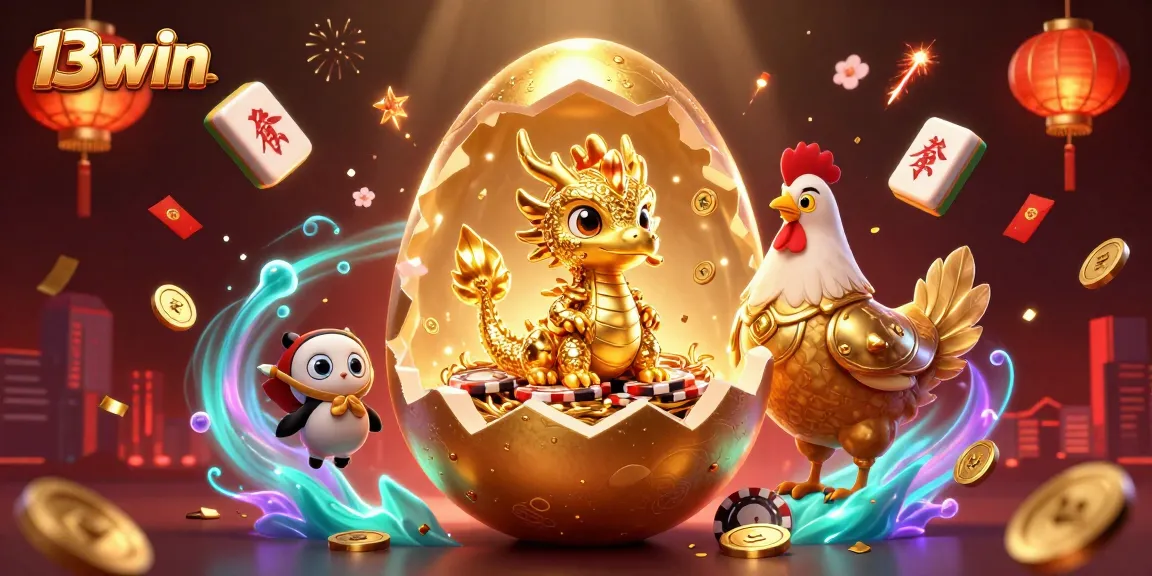 Experience thrilling wins with 13win in this vibrant golden dragon-themed casino scene.