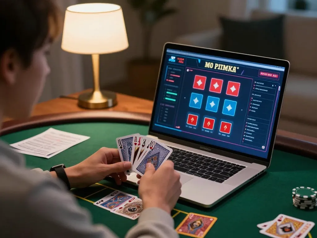 Player engaging in intense llwin blackjack game online, focusing on strategic gameplay from home setting.