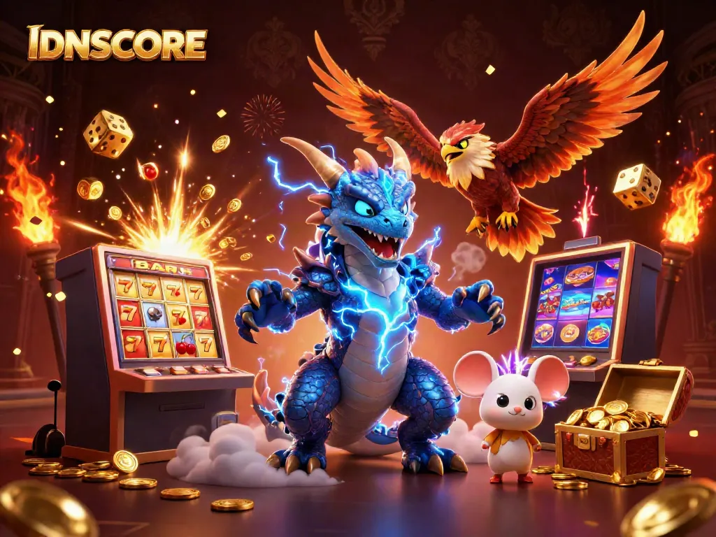 Experience IDNSCORE with digital dragons and thrilling casino wins in this vibrant 3D scene.