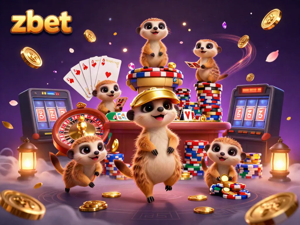 Experience a vibrant casino world with zbet's meerkats celebrating wins amidst a shower of coins and gems.