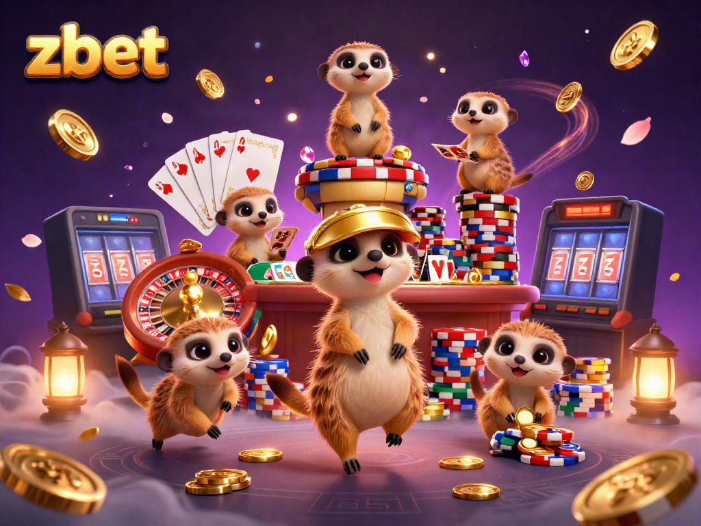 Experience a vibrant casino world with zbet's meerkats celebrating wins amidst a shower of coins and gems.