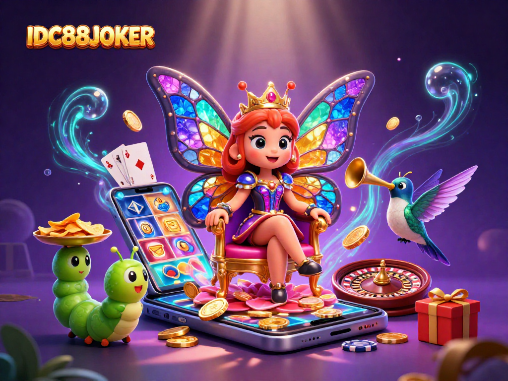 IDC88JOKER harnesses vibrant gaming with a butterfly queen and animated casino elements for player enjoyment.