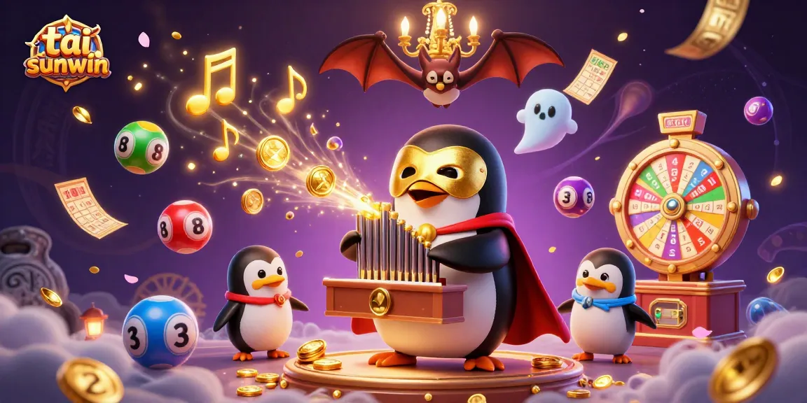 Engage with tai sunwin in this vibrant 3D casino scene featuring a penguin and a bat.
