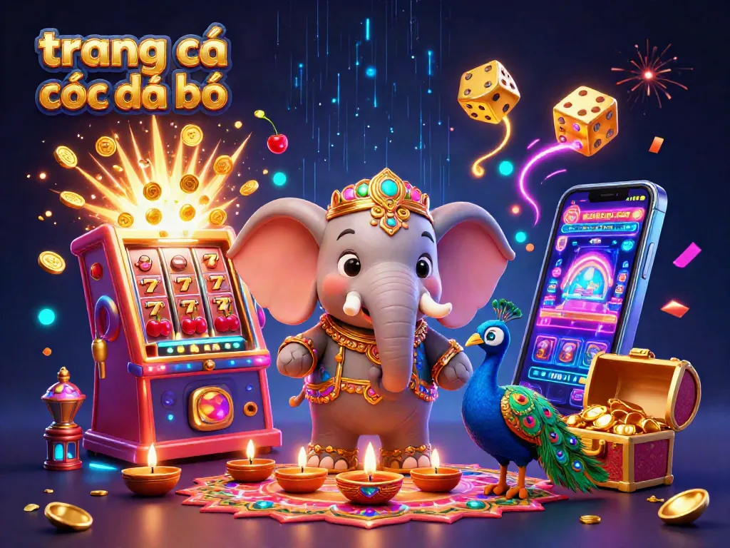 Trang cá cược đá bóng với hình ảnh chú voi đầy màu sắc và các yếu tố casino nổi bật