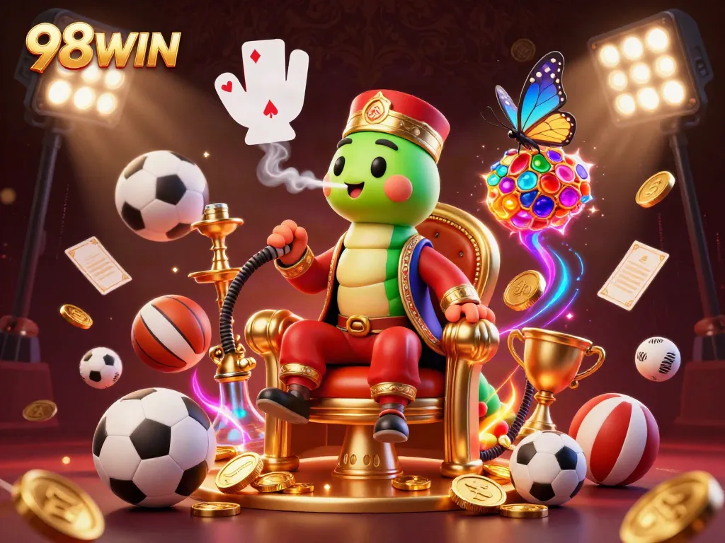 Experience 98WIN's vibrant betting scene with a captivating AI illustration showcasing a fantastical caterpillar and dynamic sports elements.